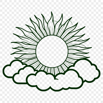 A stylized illustration of the sun with rays and clouds surrounding it.