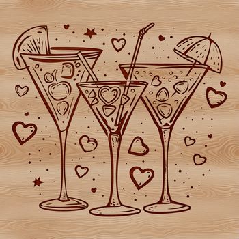 A colorful drink in a glass with love hearts floating around it.