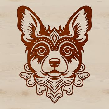 A close-up of a corgi's head with intricate details.