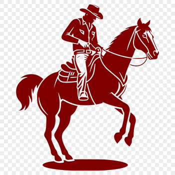 A cowboy standing on horseback, dressed in classic western attire.