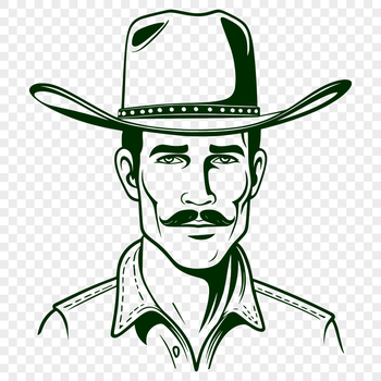 A stylized illustration of a cowboy in a western pose.