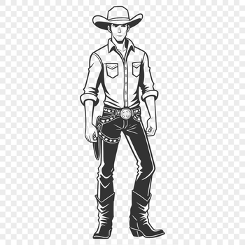 A line drawing illustration of a cowboy in western attire, suitable for vector graphic editing and cutting machine designs.