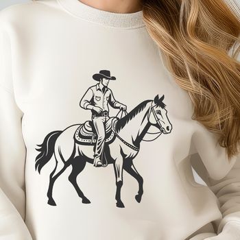 A cowboy riding a horse in the open range, depicted as a vector illustration.