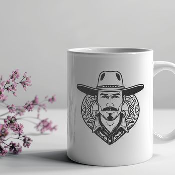 A line art illustration of a cowboy in classic Western attire.