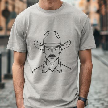 A stylized illustration of a cowboy in a bold, graphic style.