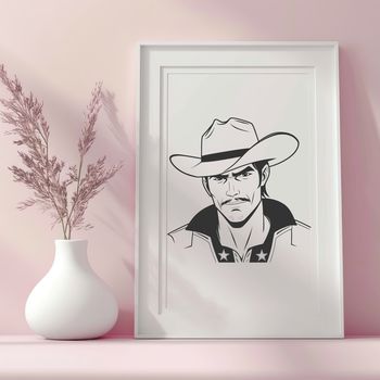 A digital illustration of a rugged cowboy in bold outline, suitable for vector graphics design.