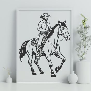 A cowboy riding a horse in the open range, illustrated in vector format for digital design.