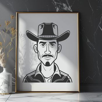 A simple line drawing of a cowboy with a hat and bandana, suitable for vector art and clipart designs.
