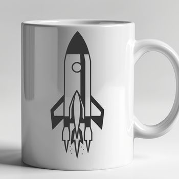 A digital illustration of a spaceship with sleek lines and futuristic details.