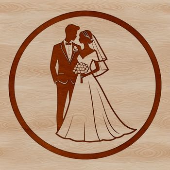 A vector graphic illustration of a happy bride and groom surrounded by flowers.