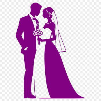 A bride and groom standing together on a background with flowers and leaves.