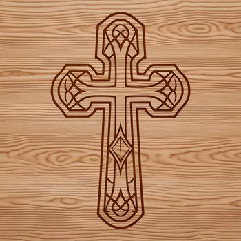 A detailed, ornate cross with a prominent figure in the center.