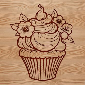 A single cupcake with floral decorations on top, designed as a vector graphic.