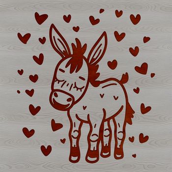 A cartoon donkey standing with a playful expression, surrounded by love hearts.