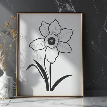 A single white daffodil with bright yellow trumpet-shaped petals in full bloom on a green stem.