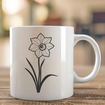 A vector graphic illustration of a spring blooming daffodil plant with green leaves and bright yellow petals.