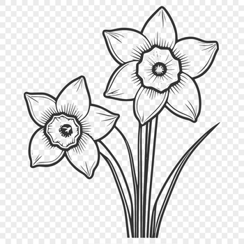 A detailed illustration of a yellow daffodil flower with green stems and leaves.