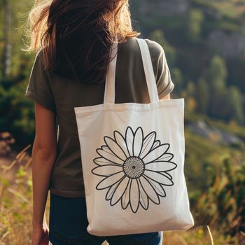 A stylized graphic representation of a daisy bloom made up of geometric shapes.