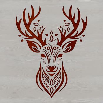 A detailed illustration of an animal's head, featuring an ornate deer design.