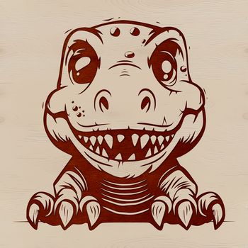 A baby dinosaur with its head peeking out from behind a leaf, illustrated in prehistoric style as a vector graphic.