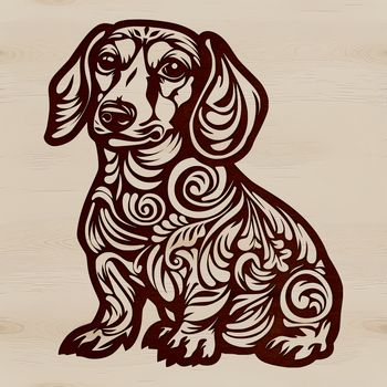 A sitting Dachshund in ornate illustration style.