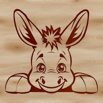 A simple illustration of a donkey's head peeking out from behind a tree.
