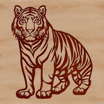 A sitting tiger, a large wild animal from Asia, depicted in simple vector lines.