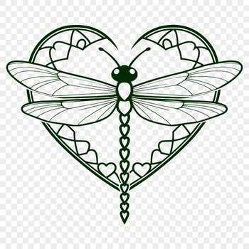 A colorful dragonfly with love hearts surrounding its body, made from vector art.