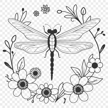 A colorful, floral-patterned dragonfly with intricate details and patterns, suitable for use in digital designs.