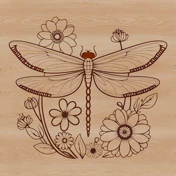 An intricately designed graphic representation of a dragonfly set against a floral background.