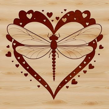 A stylized dragonfly illustration featuring love hearts.