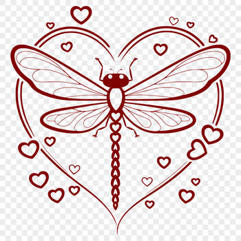 A colorful dragonfly design with love hearts, suitable for vector art projects in Illustrator or Procreate.