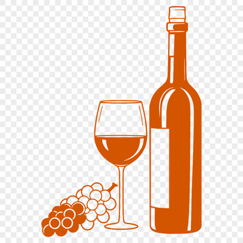 A stylized illustration of a wine bottle with a glass in the foreground.