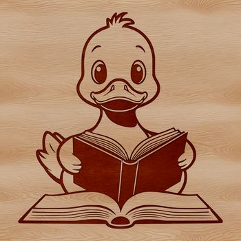 A simple illustration of a duck sitting on the edge of a reading book, with a relaxed expression.