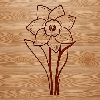 A stylized illustration of a single daffodil flower with long stem and trumpet-shaped petals.