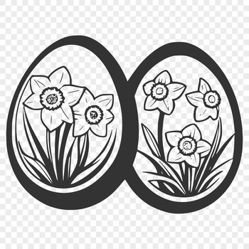A colorful illustrated Easter egg surrounded by spring flowers, specifically daffodils.