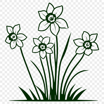 A simple illustration of a daffodil plant with yellow trumpet-shaped flowers.