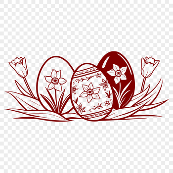An illustrated Easter egg with a daffodil stem and leaves incorporated into the design.