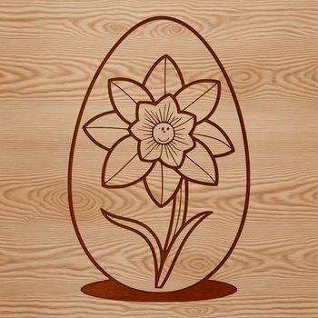 An illustrated Easter egg surrounded by spring flowers, including daffodils.