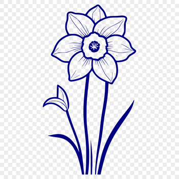 A single, white daffodil flower with yellow trumpet-shaped petals against a green stem.