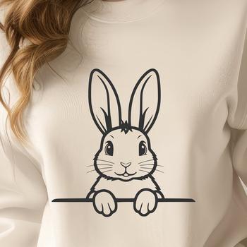 A cartoon rabbit peeking out from behind a leaf with its head turned to the side.