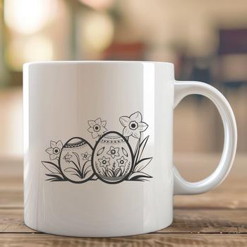 An illustrated Easter egg with daffodils in the background.