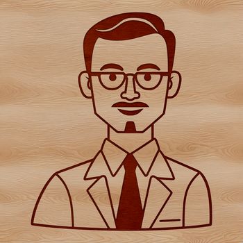 A stylized illustration of a male educator standing in front of a whiteboard.
