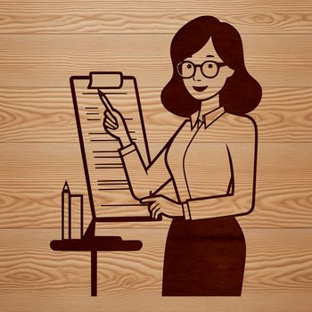 Illustration of a woman teaching or instructing students, a common figure in educational settings.