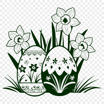 A stylized illustration of a colorful Easter egg surrounded by greenery.