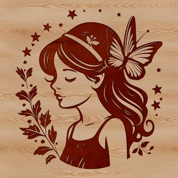 Illustrated fairy with ornate headpiece, surrounded by floral elements.