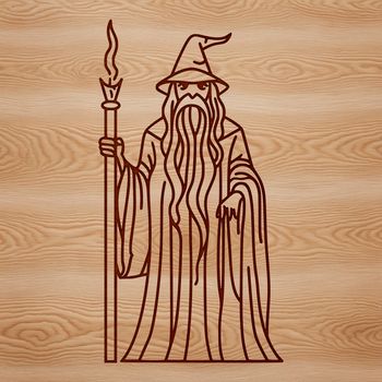 A simple line drawing of a wizard character from a fairy tale, suitable for vector design.