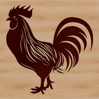 Illustration of a rooster standing on a farm background, a common farm animal.