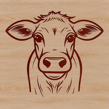 A illustration of a cow's head, featuring a farm animal with a friendly expression.