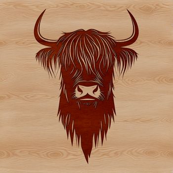 A Highland cow standing in a field with its head held high, illustration suitable for farm-themed designs.